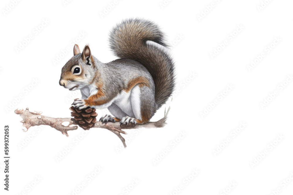 Fototapeta premium an isolated Grey Squirrel holding a pinecone, preservation, backyard wildlife, Wildlife-themed, photorealistic illustration on a transparent background cutout in PNG. Generative AI