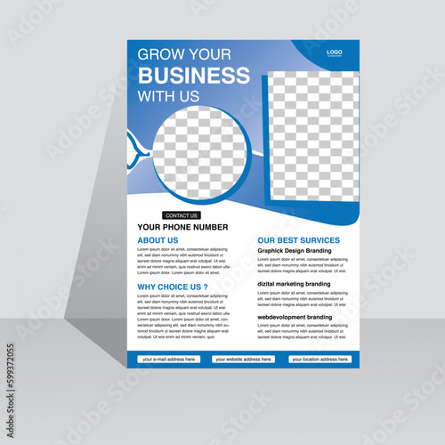 modern blue color flyer design template. corporate creative idea clean vector illustration a4 half page single advertising brochure layout .