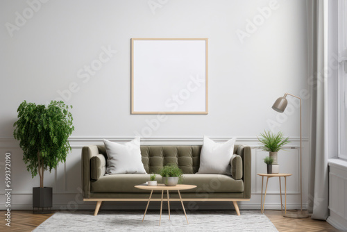 Cozy Scandinavian Living Room with Blank Horizontal Poster Frame and Botanical Accents © Georg Lösch