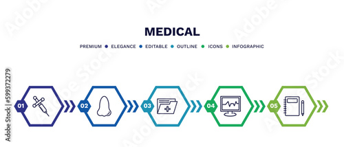 set of medical thin line icons. medical outline icons with infographic template. linear icons such as anesthesia, e, medical records, ecg, notepad vector.