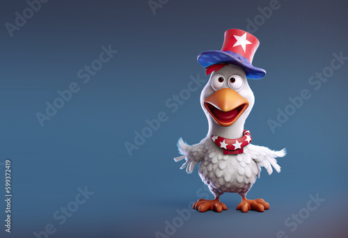 Cute Cartoon Patriotic American Chicken Dressed in Red , White and Blue with space for Copy (Generative AI)