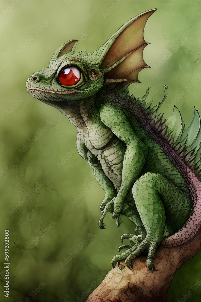Forest dragon gremlin sits on a branch in green forests. fantasy illustration, generative ai Forest dragon gremlin sits on a branch in green forests. fantasy illustration, generative ai