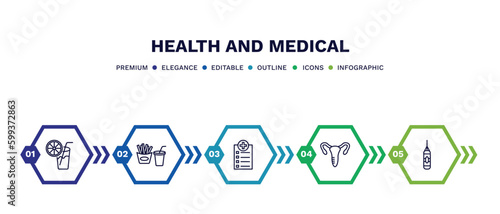set of health and medical thin line icons. health and medical outline icons with infographic template. linear icons such as orange juice, fast food, medical checklist, gynecology, punching bag