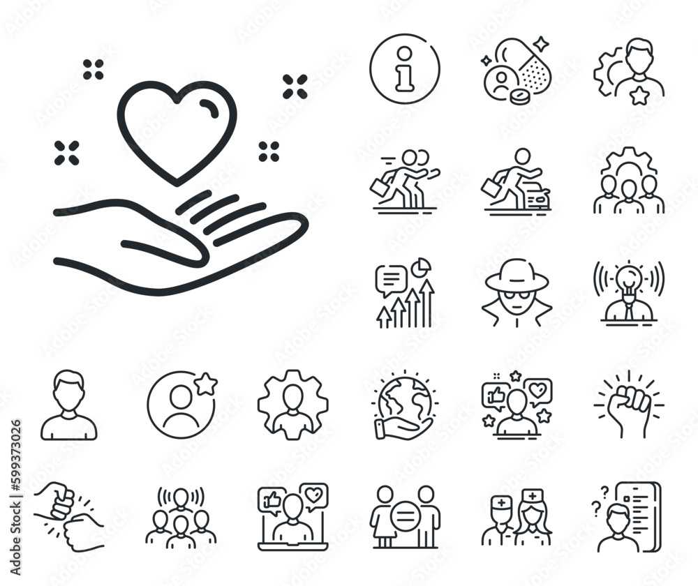 Friends love sign. Specialist, doctor and job competition outline icons. Hold heart line icon. Friendship hand symbol. Hold heart line sign. Avatar placeholder, spy headshot icon. Vector