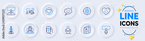 Sleep, Consulting business and Interview documents line icons for web app. Pack of Interview job, Heart target, Difficult stress pictogram icons. Fingerprint, Smile chat, Manager signs. Vector