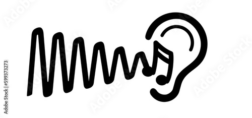 Tinnitus. Ringing in the ears. Human ear with tinnitus icon. Vector line pattern. Unbearable ringing in ears. Concept of diseases of hearing organs or neurology problems. Audiogram and audio wave.