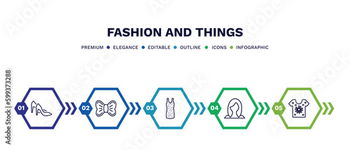 set of fashion and things thin line icons. fashion and things outline icons with infographic template. linear icons such as heel, elegante, tinge, wig, t shirt with flowers vector.