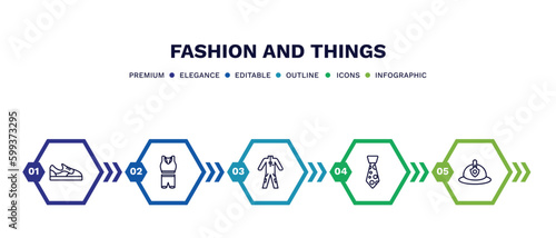 set of fashion and things thin line icons. fashion and things outline icons with infographic template. linear icons such as gym shoes, sportswear, working coverall, stripped tie, firefighter hat