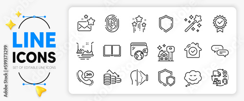 24h service, Wallet and Buying house line icons set for app include Face id, Stars, Speech bubble outline thin icon. Bumper cars, Fingerprint, Certificate pictogram icon. House security. Vector