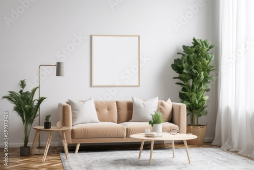 Modern Living Room with Blank Horizontal Poster Frame and Natural Elements © Georg Lösch