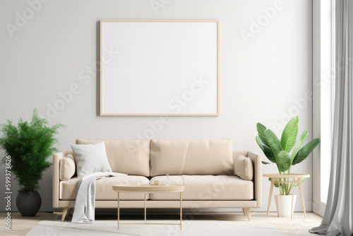 Modern Living Room with Blank Horizontal Poster Frame and Natural Elements