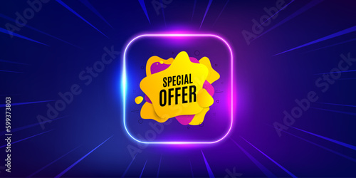 Special offer liquid shape. Neon light frame offer banner. Discount sticker banner. Sale coupon icon. Special offer promo event flyer, poster. Sunburst neon coupon. Flash special deal. Vector