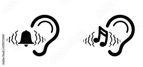 Tinnitus. Ringing in the ears. Human ear with tinnitus icon. Vector line pattern. Unbearable ringing in ears. Concept of diseases of hearing organs or neurology problems. Audiogram and audio wave.