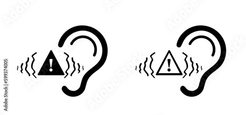 Tinnitus. Ringing in the ears. Human ear with tinnitus icon. Vector line pattern. Unbearable ringing in ears. Concept of diseases of hearing organs or neurology problems. Audiogram and audio wave.