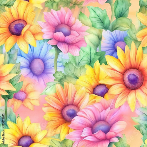 Seamless Watercolor Sunflower Pattern  Repeating Floral Background  Generative AI