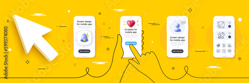 Timer, Open box and Face id line icons pack. Phone screen mockup with 3d alert bell, health and headshot. Coins, Bike timer, Crane claw machine web icon. Airplane mode, Square area pictogram. Vector