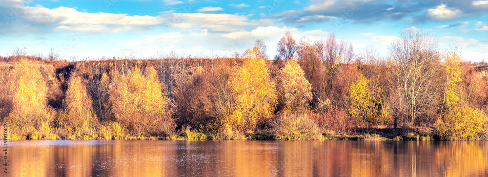 Obraz premium Autumn forest near the river on a sunny day, the reflection of trees in the water