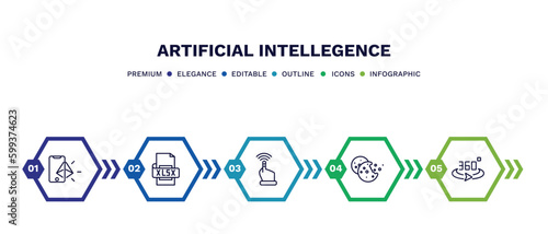 set of artificial intellegence thin line icons. artificial intellegence outline icons with infographic template. linear icons such as ar, xlsx, finger control, cookies, 360 degrees vector.