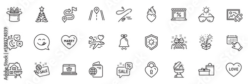 Icons pack as Fishing rod, Heart flame and Grill line icons for app include Home grill, Hat-trick, Honeymoon travel outline thin icon web set. Love, Journey, Sunglasses pictogram. Vector