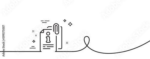 Attached info line icon. Continuous one line with curl. Information guide sign. Attachment file symbol. Attached info single outline ribbon. Loop curve pattern. Vector