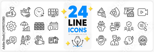 Icons set of Smile, Video camera and Food delivery line icons pack for app with Justice scales, Verified internet, Valet servant thin outline icon. Bitcoin project, Skin condition. Vector