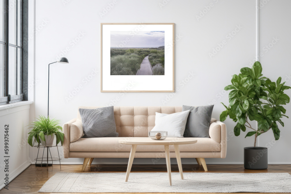 Scandinavian Living Room with Blank Horizontal Poster Frame and Botanical Accents Scandinavian Living Room with Blank Horizontal Poster Frame and Botanical Accents