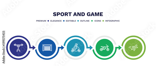 set of sport and game thin line icons. sport and game outline icons with infographic template. linear icons such as weight lifting, hockey goal, motorbike riding, motocross, man sprinting vector.