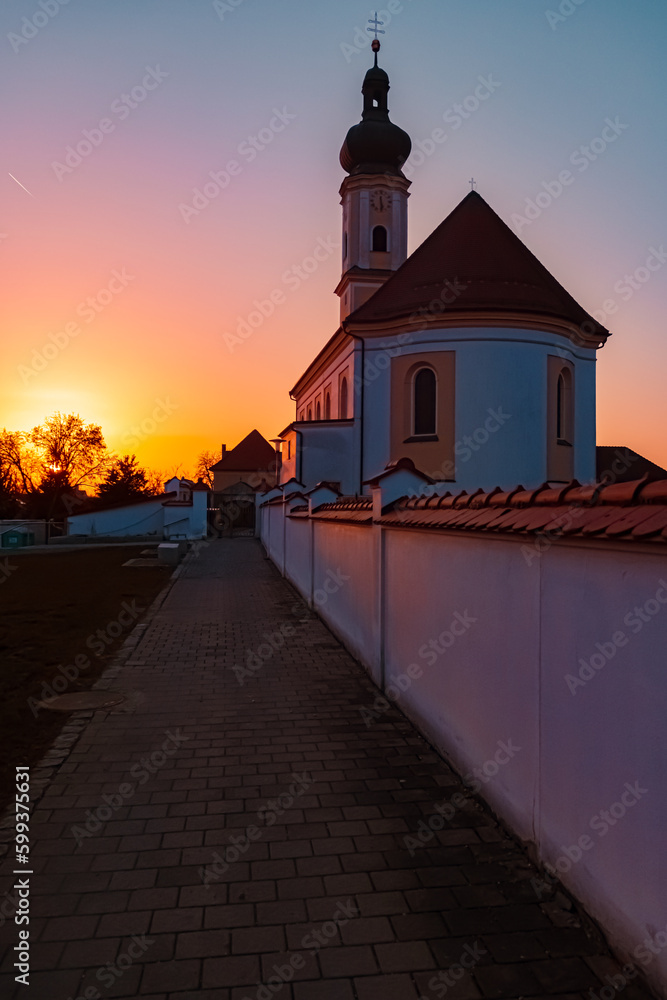 Church on a winter sunset at Irlbach, Danube, Straubing-Bogen, Bavaria, Germany