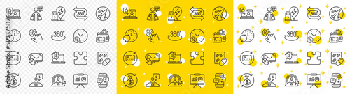 Outline Work home, 360 degree and Cursor line icons pack for web with Airplane mode, Online rating, Change money line icon. Vip shopping, Renew card, Puzzle pictogram icon. Vector