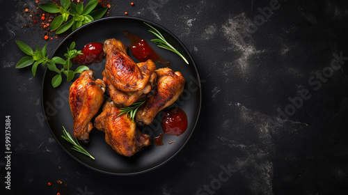 Grilled spicy chicken with ketchup on a black plate on a dark slate. Generative Ai