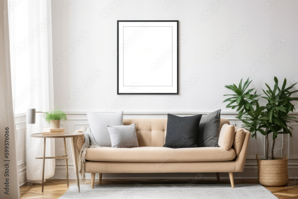 Minimalist Living Room with Blank Horizontal Poster Frame and Monochrome Decor Minimalist Living Room with Blank Horizontal Poster Frame and Monochrome Decor