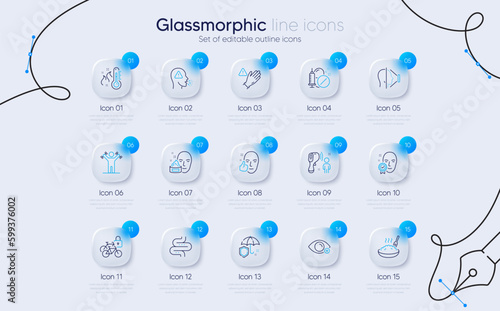 Set of Healthy face, High thermometer and Intestine line icons for web app. Face id, Porridge, Medical drugs icons. Bicycle lockers, Dumbbells workout, Farsightedness signs. Use gloves. Vector