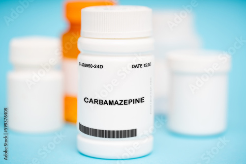 Carbamazepine medication In plastic vial photo