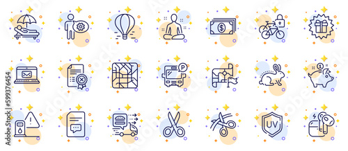 Outline set of Comments, Food delivery and Metro map line icons for web app. Include Bus parking, Uv protection, Banking pictogram icons. Headset, Destination flag, Yoga signs. Sunbed. Vector