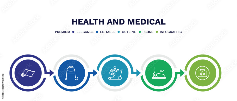 set of health and medical thin line icons. health and medical outline icons with infographic template. linear icons such as yoga mat, medical walker, treadmill, stationary bike, vector. set of health and medical thin line icons. health and medical outline icons with infographic template. linear icons such as yoga mat, medical walker, treadmill, stationary bike, vector.