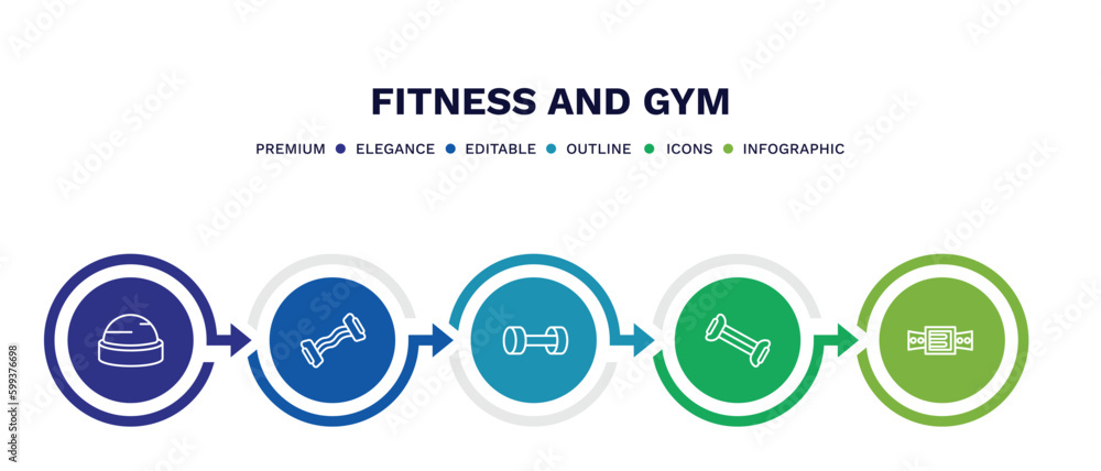 set of fitness and gym thin line icons. fitness and gym outline icons with infographic template. linear icons such as bosu ball, resistance, lifting dumbbells, chest expanders, athletic strap set of fitness and gym thin line icons. fitness and gym outline icons with infographic template. linear icons such as bosu ball, resistance, lifting dumbbells, chest expanders, athletic strap