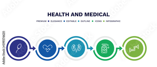 set of health and medical thin line icons. health and medical outline icons with infographic template. linear icons such as spermatozoon, beat, urology, desinfectant, chest expander vector.
