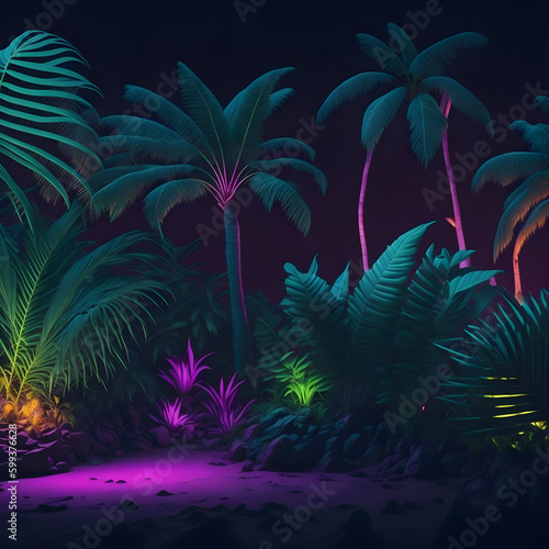 Neon Futuristic Modern Fresh Summer Night Club  Beach Sand And Ocean Tropical Palm Plant Podium Stage Dance Party Lights Generative Ai Illustration