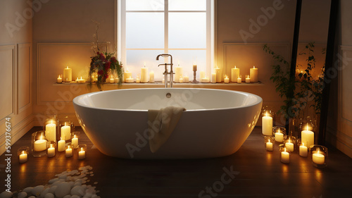 a white bathtub in a living room with candle. Generative Ai