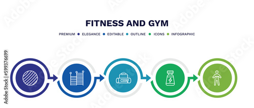 set of fitness and gym thin line icons. fitness and gym outline icons with infographic template. linear icons such as gymnastic ball, gym ladder, bag, phytonutrients, anatomy vector.