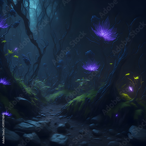 Dark Fantasy Fairytale Futuristic Forest With Glowing Lights Fireflies Magical Creatures Green Moss Path Big Thorns Flowers Generative Ai Illustration