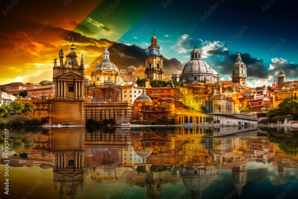 Fototapeta premium A creative collage of monuments, landscapes and culture of Spain, with bright colors and lights that invite to discover this country. Ideal for tourism. Generative AI