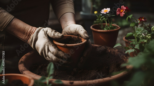 A close-up of a pair of hands holding a trowel, surrounded by soil and potted plants, in a backyard garden