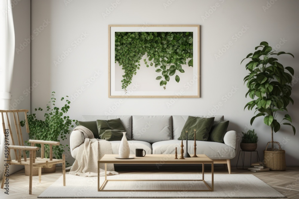 Bright and Airy Living Room with Blank Horizontal Poster Frame and Organic Decor Bright and Airy Living Room with Blank Horizontal Poster Frame and Organic Decor