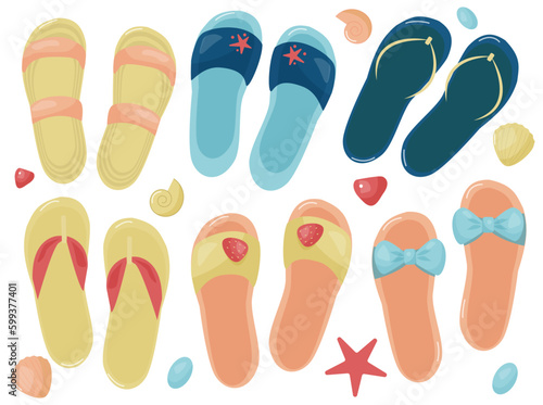 vector summer set with cute colorful sandals for beach