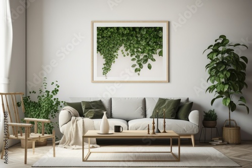 Bright and Airy Living Room with Blank Horizontal Poster Frame and Organic Decor
