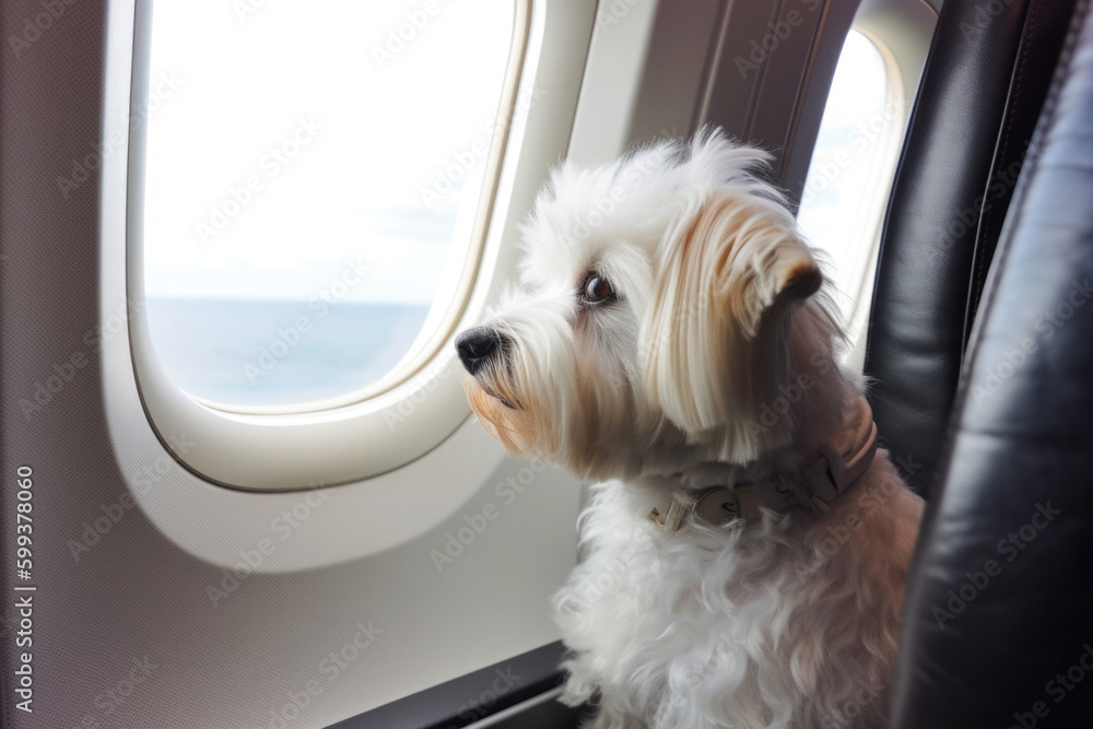 Travelling with pet. Dog on plane board near window. Airline pet transportation service. Created with Generative AI