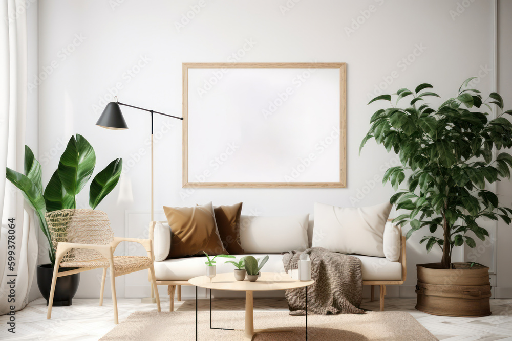 Contemporary Living Room with Blank Horizontal Poster Frame and Natural Light Contemporary Living Room with Blank Horizontal Poster Frame and Natural Light