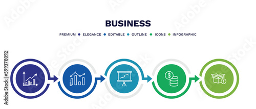 set of business thin line icons. business outline icons with infographic template. linear icons such as graphs, bar diagram, graphic panel, dollar coins stack, empty box vector.