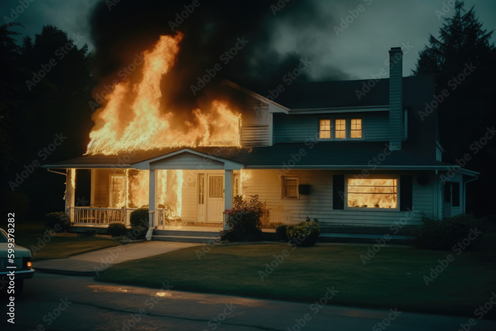 House in fire. Burning residential building in suburban area. Created with Generative AI
